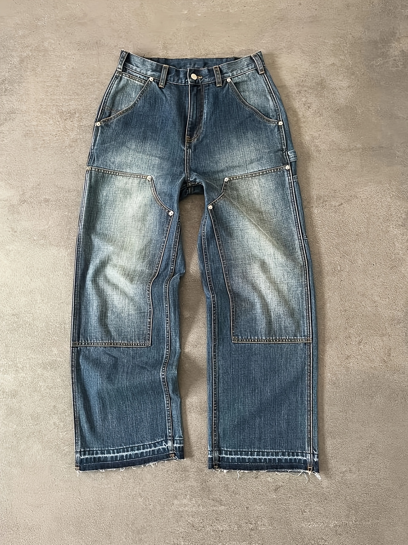 Washed Patchwork Loose Wide-Leg Cargo Carpenter Men's Jeans Washed Patchwork Loose Wide-Leg Cargo Carpenter Men's Jeans - Image 1