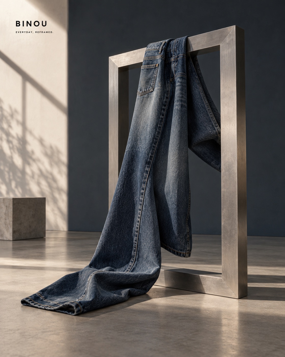 BINOU campaign artwork: washed indigo denim draped through a sculptural aluminium frame in a quiet gallery.