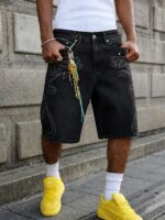 Black Embroidered Denim Shorts — 082 - view 5