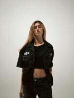 Black Embroidered Short-Sleeve Denim Shirt — 727 - view 3