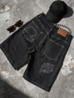 Black Flame-Embroidered Denim Shorts — 062 - view 2