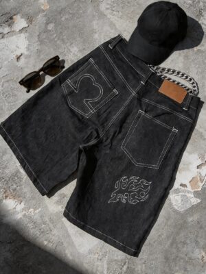 Black Flame-Embroidered Denim Shorts — 062 - view 2