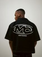 Black Embroidered Short-Sleeve Denim Shirt — 727 - view 1