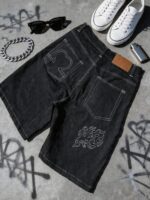 Black Flame-Embroidered Denim Shorts — 062 - view 3