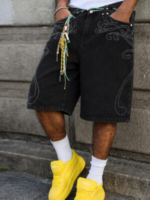 Black Embroidered Denim Shorts — 082 - view 2